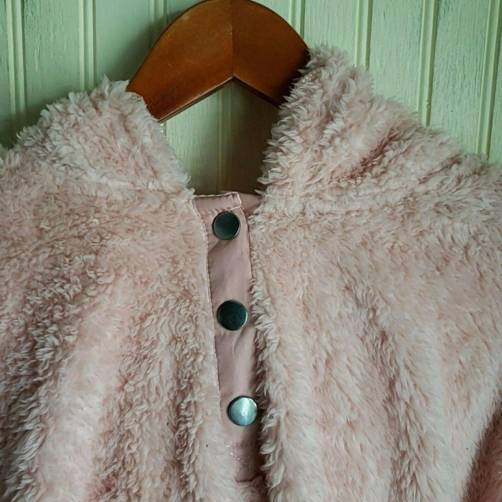 KISS & FLY Hoodie Womens Large Pink Sherpa Fuzzy Fleece Henley Hooded Pullover